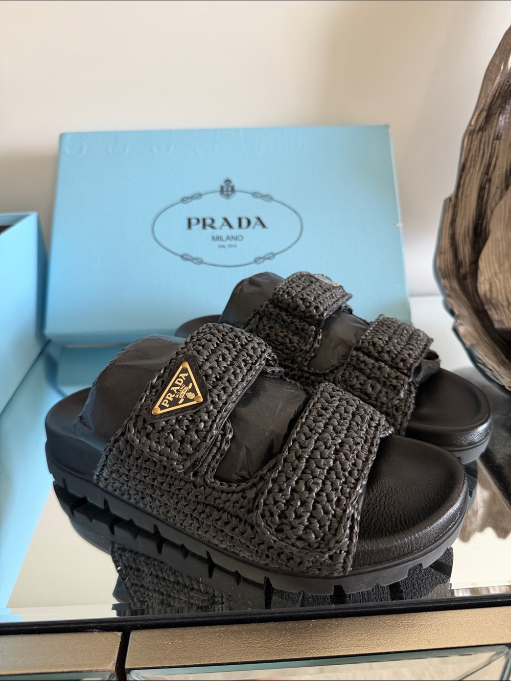 Prada Black Woven Double-Strap Slide Sandals with Gold Logo